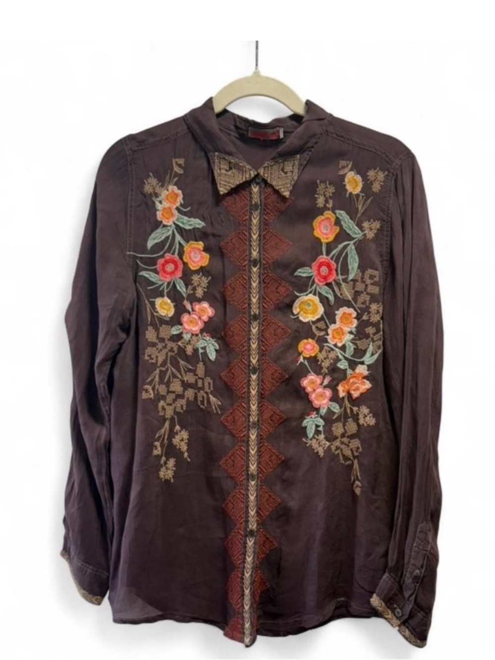 Johnny Was Embroidered Boho
Blouse Brown Floral button down top Size M.Like New!